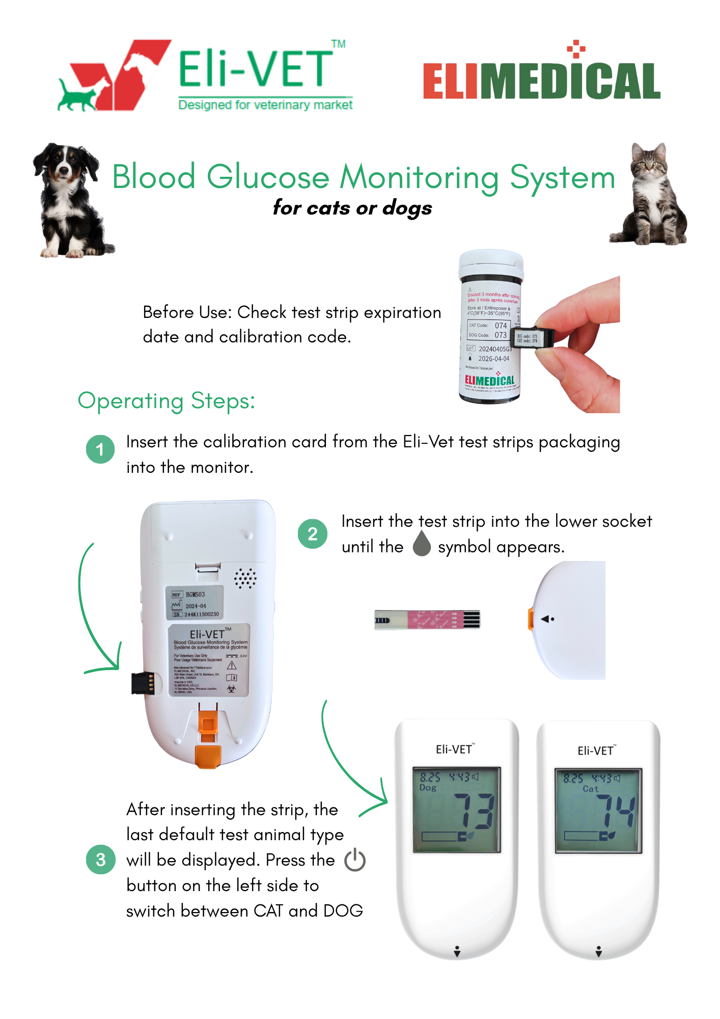 Eli-Vet Blood Glucose Monitor Operating Steps 1-3